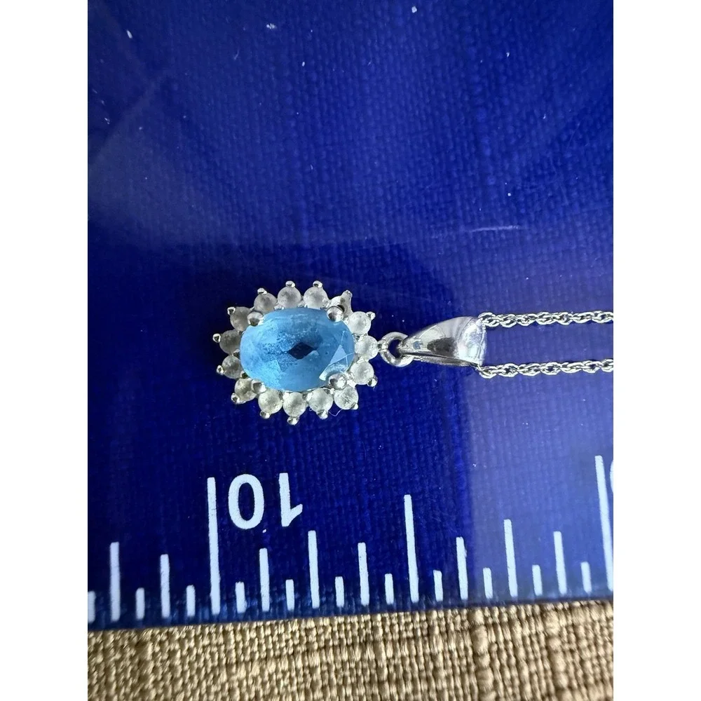 Blue Topaz  Diamond Pendant Necklace 10K white gold QDC